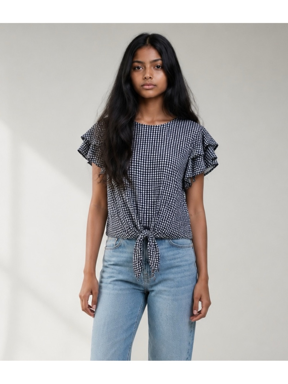 Adrianna Papell Womens Small Navy White Gingham Flutter Sleeve Tie Front Top
